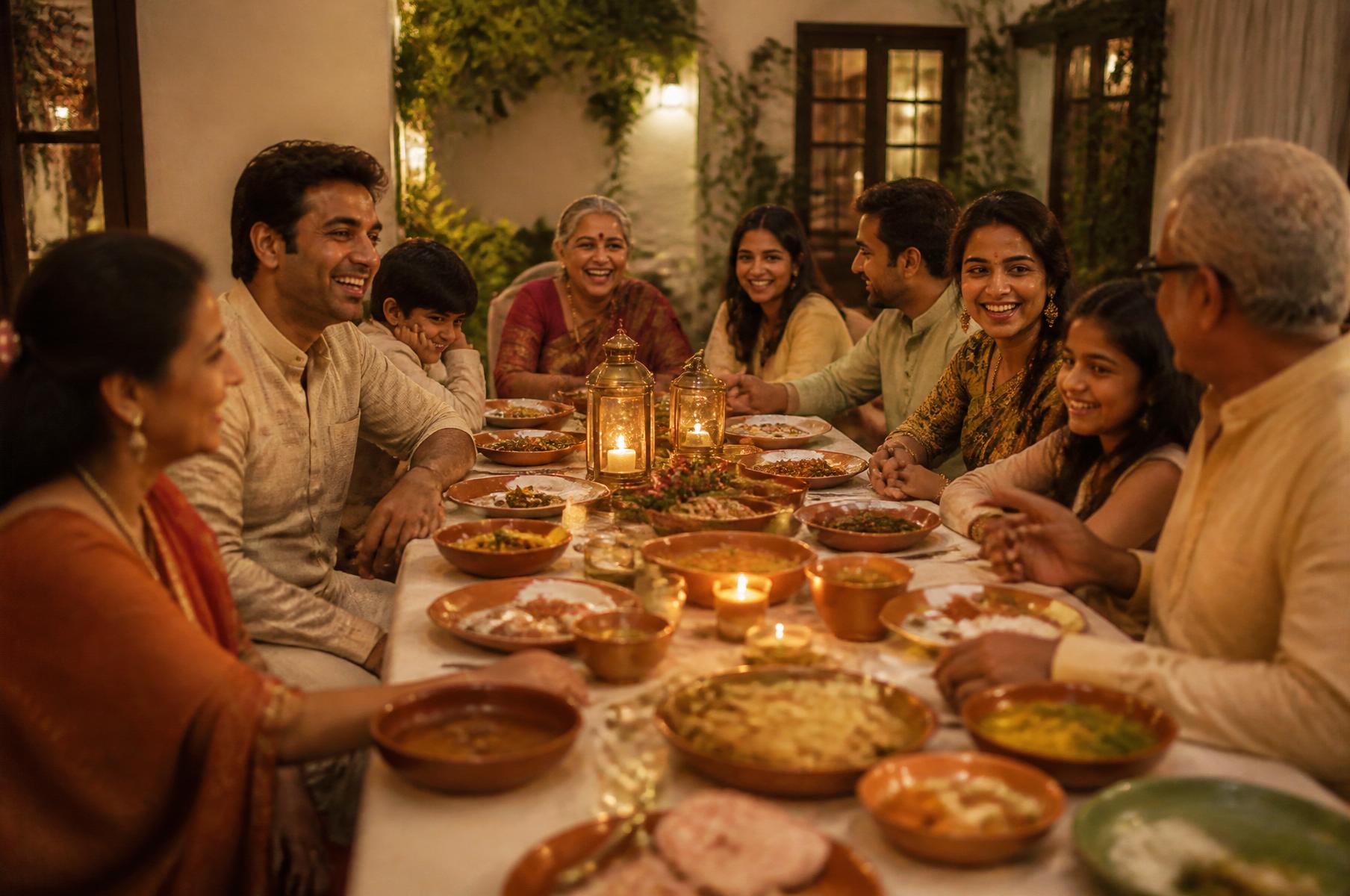 A large Indian family sharing a candlelit vegetarian feast