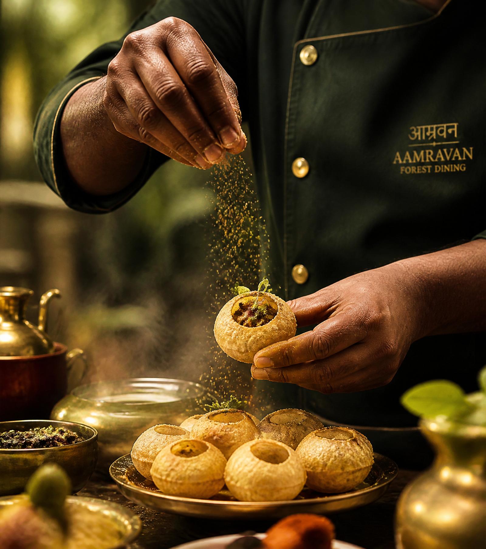 Chef finishing a plate of pani puri