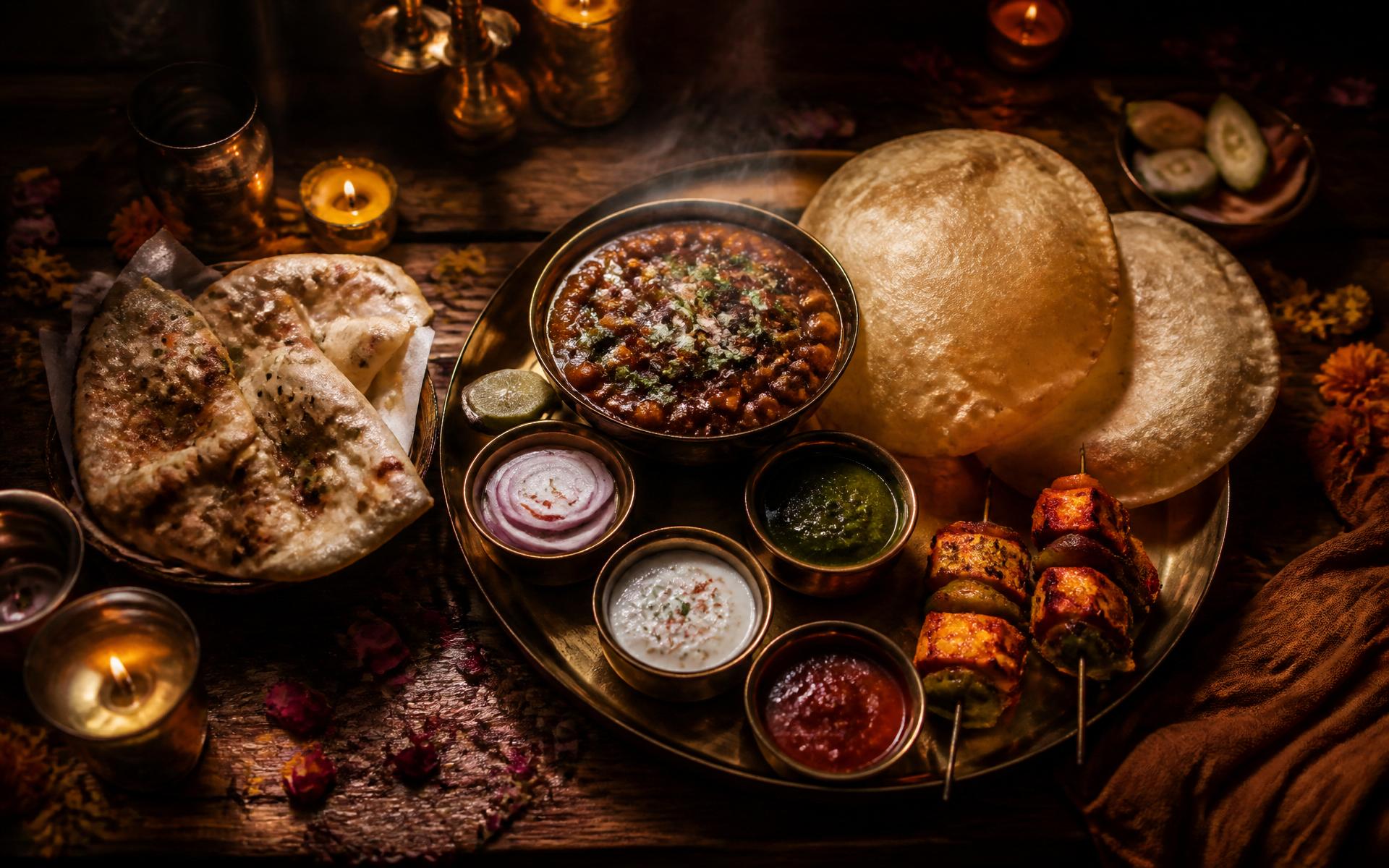 A vegetarian thali with chole bhature, tandoori paneer and chutneys